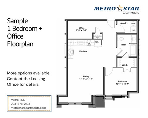 A floor plan for a 1 bedroom plus office apartment is shown.